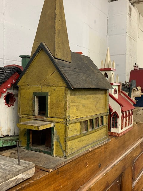 Church Birdhouse, 2 Level with Original Vintage Yellow Paint Circa 1930's